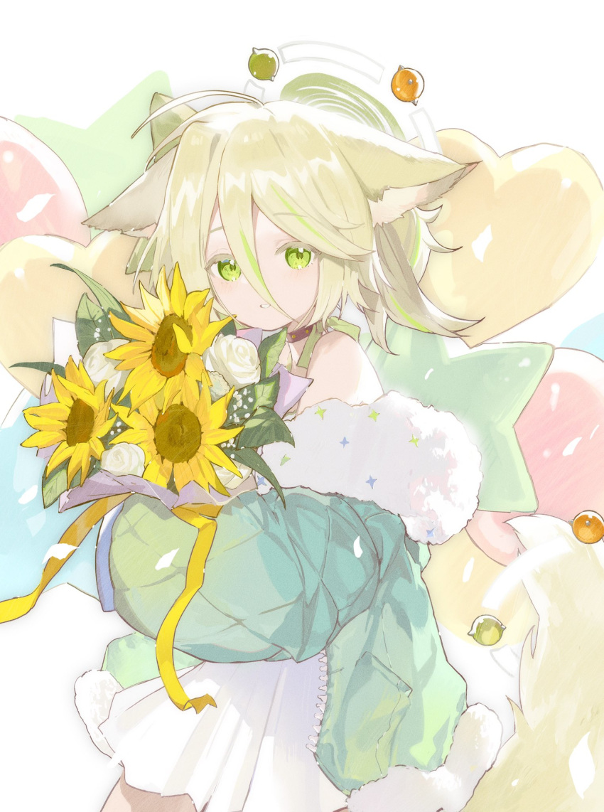 1girl animal_ears balloon bare_shoulders blonde_hair bouquet brown_choker choker cowboy_shot dog_ears dog_tail down_jacket flower fur-trimmed_jacket fur_trim green_eyes green_jacket hair_between_eyes heart_balloon highres holding holding_bouquet jacket looking_at_viewer mayumi_(virtuareal) miebao nijisanji parted_lips rose short_hair skirt solo star_balloon sunflower tail virtual_youtuber virtuareal white_background white_flower white_rose white_skirt yellow_flower