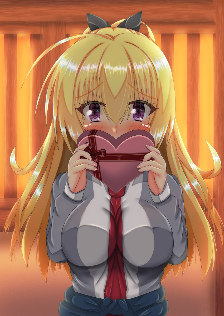 1girl absurdres ahoge bangs between_breasts black_bow blonde_hair blush bow box breasts clothes_around_waist commentary_request covering_mouth embarrassed eyelashes gift hair_between_eyes hair_bow hands_up heart-shaped_box highres holding holding_gift indoors large_breasts lena_liechtenauer long_hair looking_at_viewer necktie necktie_between_breasts ponytail purple_eyes red_bow red_necktie red_ribbon ribbon school_uniform senren_banka sidelocks solo sunset syamidare upper_body valentine yuzu-soft