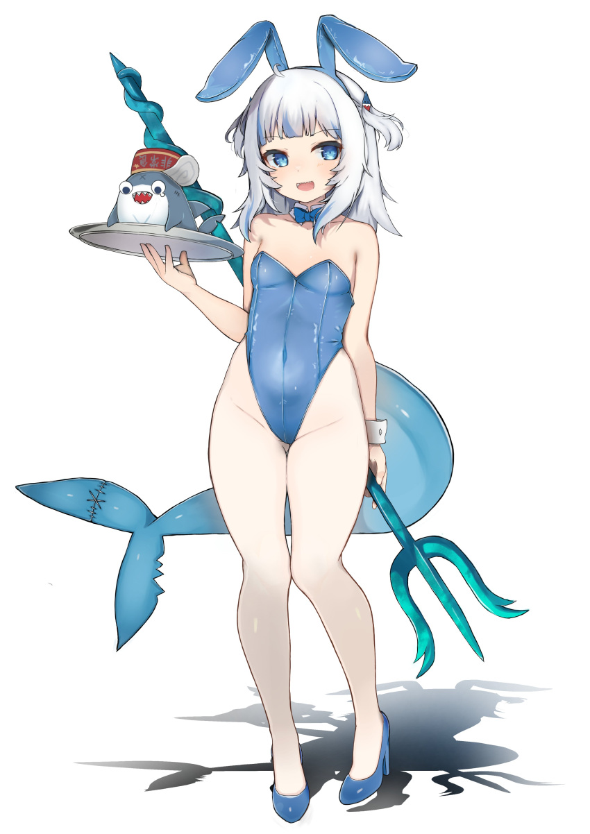 1girl absurdres animal_ears bangs bare_legs bloop_(gawr_gura) blue_bow blue_bowtie blue_eyes blue_hair blue_leotard blunt_bangs bow bowtie breasts detached_collar fish_tail full_body gawr_gura grey_hair highres hololive hololive_english leotard long_hair looking_at_viewer medium_hair multicolored_hair playboy_bunny polearm rabbit_ears shark shark_girl shark_tail sharp_teeth side_ponytail simple_background small_breasts smile solo standing streaked_hair tail teeth tray trident two_side_up virtual_youtuber weapon white_background wrist_cuffs zonzu