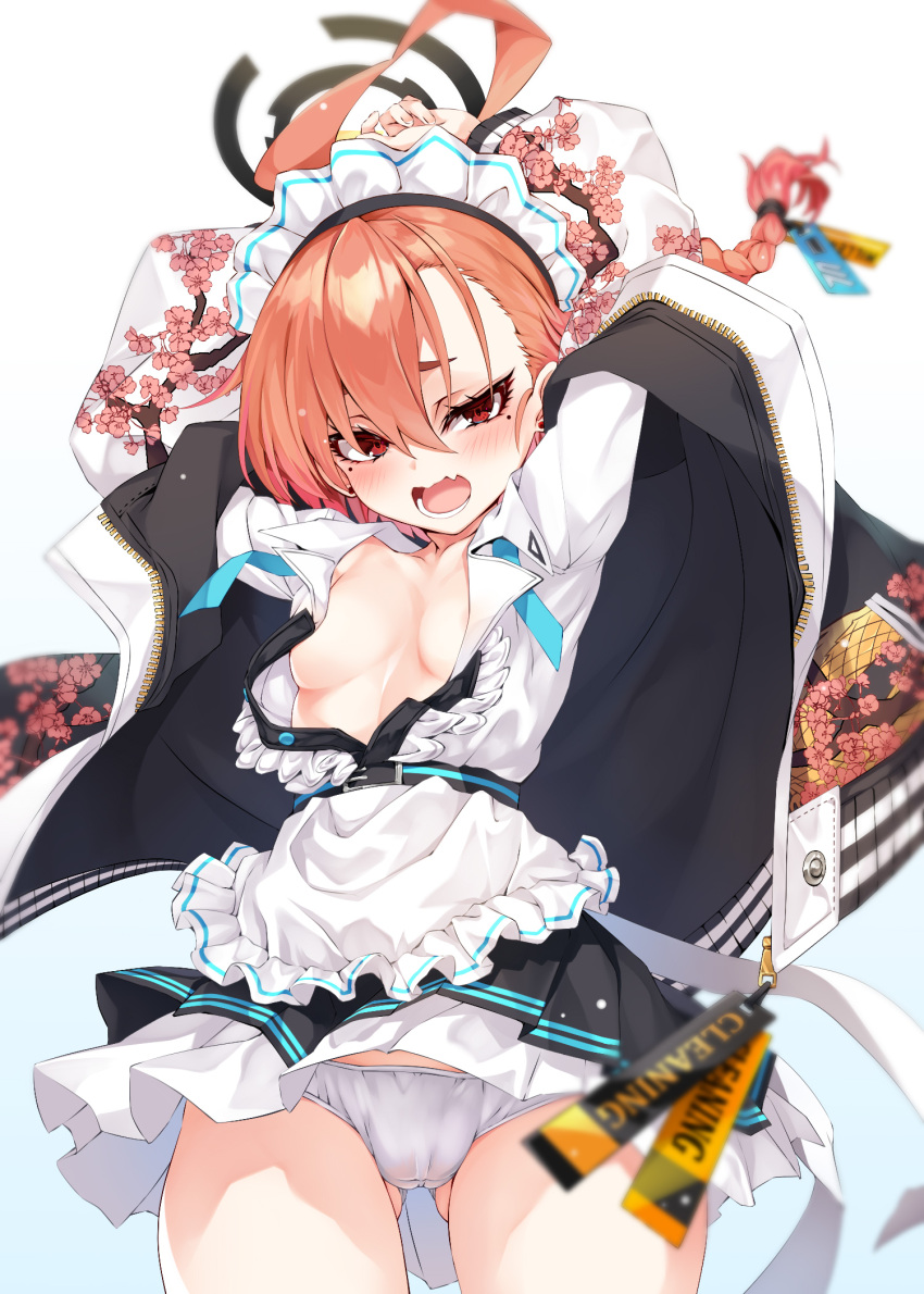 1girl ahoge apron aqua_necktie ass_visible_through_thighs bangs black_jacket blue_archive blurry blurry_background blush bomber_jacket braid breasts cameltoe collared_shirt commentary earrings fang frilled_apron frills gradient_background halo highres huge_ahoge jacket jewelry looking_at_viewer maid_headdress moeki_yuuta mole mole_under_eye narrowed_eyes necktie neru_(blue_archive) open_clothes open_mouth open_shirt orange_hair panties pleated_skirt red_eyes shirt skin_fang skirt small_breasts solo swept_bangs teeth thigh_gap thighs tongue underwear white_apron white_panties white_shirt white_skirt