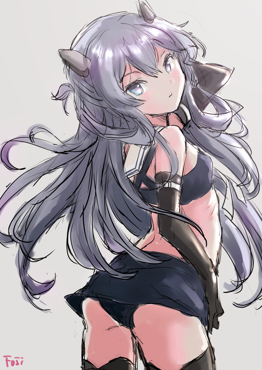 1girl black_gloves black_panties black_skirt commentary_request cowboy_shot crop_top elbow_gloves fake_horns from_behind fuji_(pixiv24804665) gloves gradient_background grey_background grey_hair headgear highres horned_headwear horns i-203_(kancolle) kantai_collection long_hair looking_at_viewer looking_back midriff panties sailor_collar sidelocks simple_background skirt solo underwear white_sailor_collar