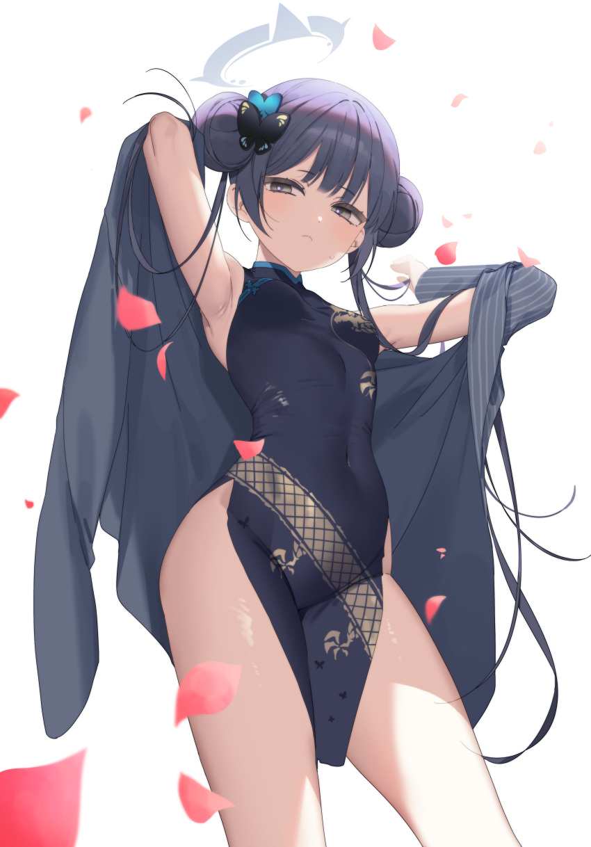 1girl absurdres arm_behind_head armpits arms_up bangs bare_shoulders black_dress black_hair blue_archive blush breasts butterfly_hair_ornament china_dress chinese_clothes closed_mouth coat coat_partially_removed commentary_request contrapposto covered_navel cowboy_shot double_bun dragon_print dress falling_petals frown grey_eyes hair_bun hair_ornament halo highres kisaki_(blue_archive) long_hair long_sleeves looking_at_viewer myao_(o3o333) no_panties open_clothes open_coat pelvic_curtain petals sidelocks simple_background sleeveless sleeveless_dress small_breasts solo striped_coat sweat thighs twintails very_long_hair white_background