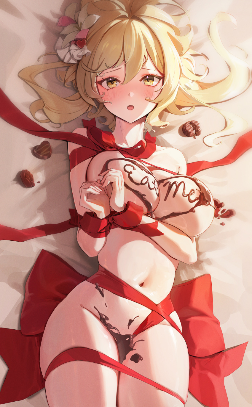 1girl absurdres bed_sheet blonde_hair blush breasts chochomi chocolate eat_me flower genshin_impact hair_between_eyes hair_flower hair_ornament highres large_breasts looking_at_viewer lumine_(genshin_impact) lying medium_hair naked_ribbon navel on_back open_mouth own_hands_together red_ribbon restrained ribbon solo stomach valentine white_flower yellow_eyes