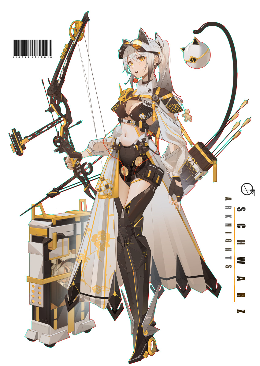 1girl absurdres alternate_costume animal_ears arknights armor armored_boots arrow_(projectile) bag bangs barcode bikini bikini_top_only black_armor black_bikini black_choker black_shorts boots bow_(weapon) breasts candy cat_ears cat_girl cat_tail character_name chinese_commentary choker chupa_chups cleavage coat commentary_request copyright_name crop_top cyberpunk earclip extra_ears food full_body grey_hair hair_between_eyes highres holding holding_bow_(weapon) holding_weapon krao large_breasts lollipop long_hair long_sleeves looking_at_viewer midriff mouth_hold navel ponytail quiver schwarz_(arknights) short_shorts shorts shrug_(clothing) sidelocks simple_background solo standing swimsuit tail teeth upper_teeth_only visor_cap weapon white_background white_coat yellow_eyes