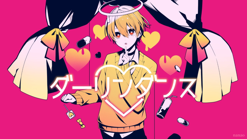 1boy artist_name bangs black_pants bow can candy coin collared_shirt commentary copyright_name curtains darling_dance_(vocaloid) drink drinking_straw finger_to_mouth floating floating_object food gradient_bow hair_between_eyes halo heart heart-shaped_pupils heart_lollipop index_finger_raised lollipop long_bangs long_sleeves male_focus multicolored_bow orange_bow orange_eyes orange_hair orange_sweater oversized_object pants parted_lips pill pink_background pink_bow ramio3_2 root_(stpri) shaped_lollipop shirt short_hair simple_background solo song_name strawberry_prince sweater symbol-shaped_pupils tears upper_body upturned_eyes white_shirt yellow_bow