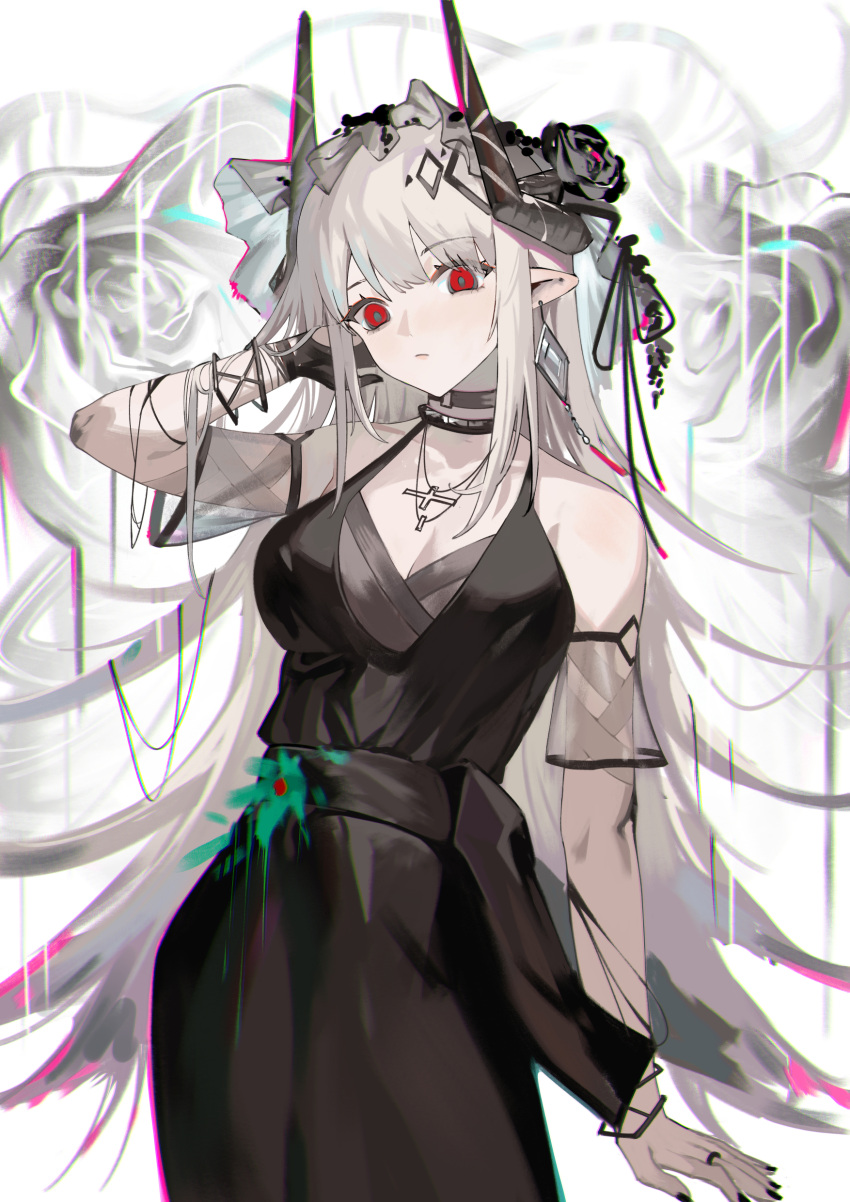 1girl absurdres arknights bare_shoulders black_collar black_dress black_flower black_gloves black_nails breasts closed_mouth collar cross cross_necklace dress earrings flower gloves hair_flower hair_ornament highres horns jewelry krin long_hair medium_breasts mudrock_(arknights) mudrock_(obsidian)_(arknights) nail_polish necklace official_alternate_costume pointy_ears red_eyes single_earring single_glove solo white_background white_hair