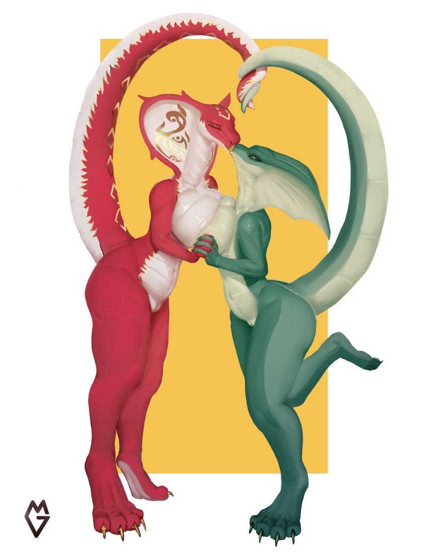 absurd_res anthro big_breasts breast_size_difference breast_squish breasts butt cobra digitigrade duo entwined_tails eyes_closed female female/female fingers french_kissing fur genitals gold_markings goldmikun green_body green_scales hi_res interlocked_fingers kissing markings non-mammal_breasts nude pussy red_body red_scales reptile scales scalie simple_background snake snake_hood snake_hood_markings squish tail tail_coil thick_thighs white_background white_body white_scales zivvles