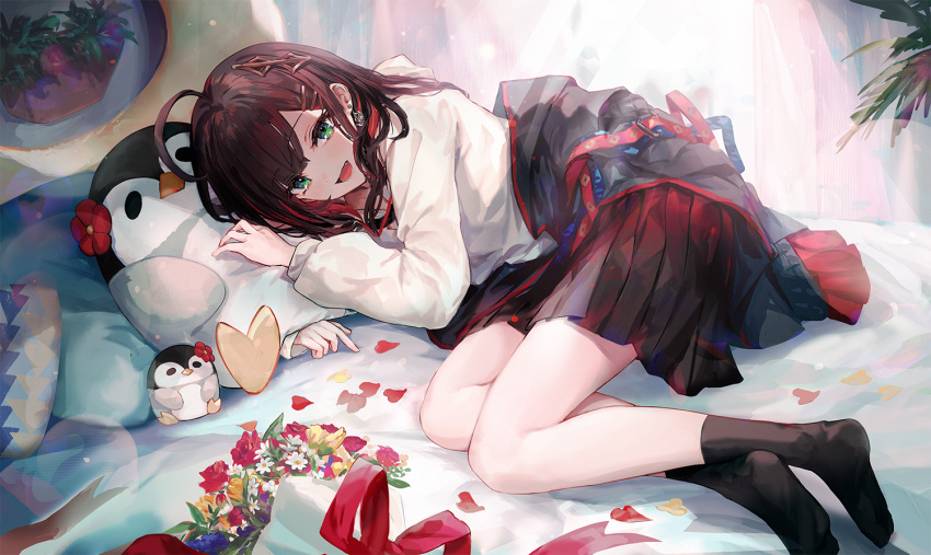 1girl ahoge arm_up bed_sheet black_hair black_skirt black_socks blue_flower bouquet commentary_request curtains earrings flower green_eyes hair_ornament hizuki_yui jewelry long_sleeves looking_at_viewer lying makihitsuji multicolored_hair neo-porte no_shoes official_art on_side petals pillow pleated_skirt puffy_long_sleeves puffy_sleeves red_flower red_hair red_rose rose shirt skirt socks soles solo streaked_hair stuffed_animal stuffed_penguin stuffed_toy virtual_youtuber white_flower white_shirt yellow_flower