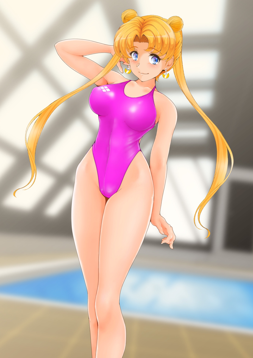 1girl absurdres arena_(company) bishoujo_senshi_sailor_moon blonde_hair blurry blurry_background breasts competition_swimsuit crescent crescent_earrings earrings feet_out_of_frame hair_bun highleg highleg_swimsuit highres indoors jewelry large_breasts logo long_hair looking_at_viewer nanashi_noiji one-piece_swimsuit pink_one-piece_swimsuit pool rei_no_pool smile solo standing swimsuit tsukino_usagi twintails