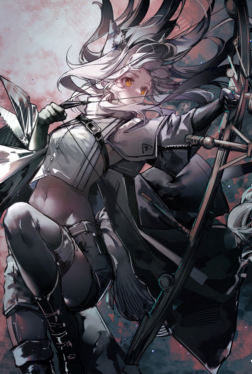 1girl absurdres animal_ear_fluff animal_ears arknights arrow_(projectile) bow_(weapon) commentary crop_top cropped_jacket highres holding holding_bow_(weapon) holding_weapon jacket mido_(mido_chen) midriff navel platinum_(arknights) solo stomach weapon white_hair white_jacket yellow_eyes