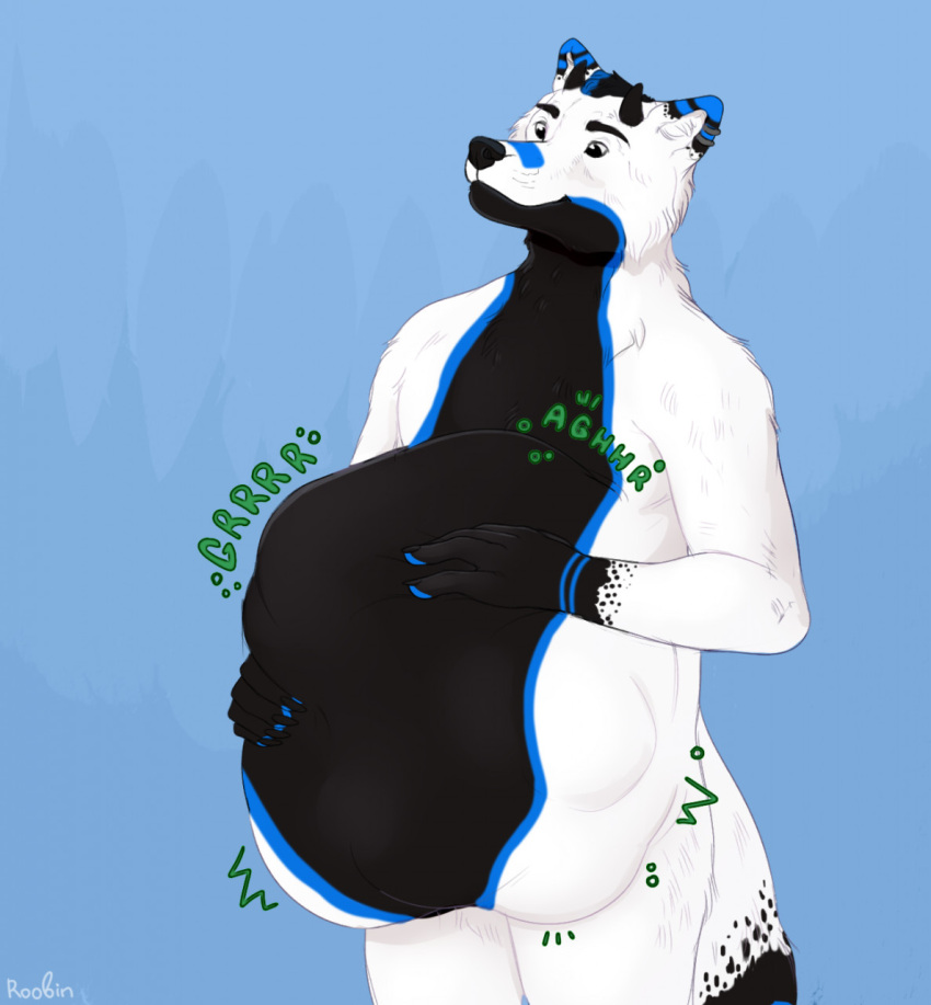 anthro belly big_belly black_body black_eyebrows black_fur black_nose blue_background blue_markings canid digestion_noises ear_markings eyebrows facial_markings fur glistening glistening_eyes hand_on_stomach head_markings hi_res huge_belly male mammal markings mouth_closed nude portrait roobin signature simple_background solo standing three-quarter_portrait white_body white_fur