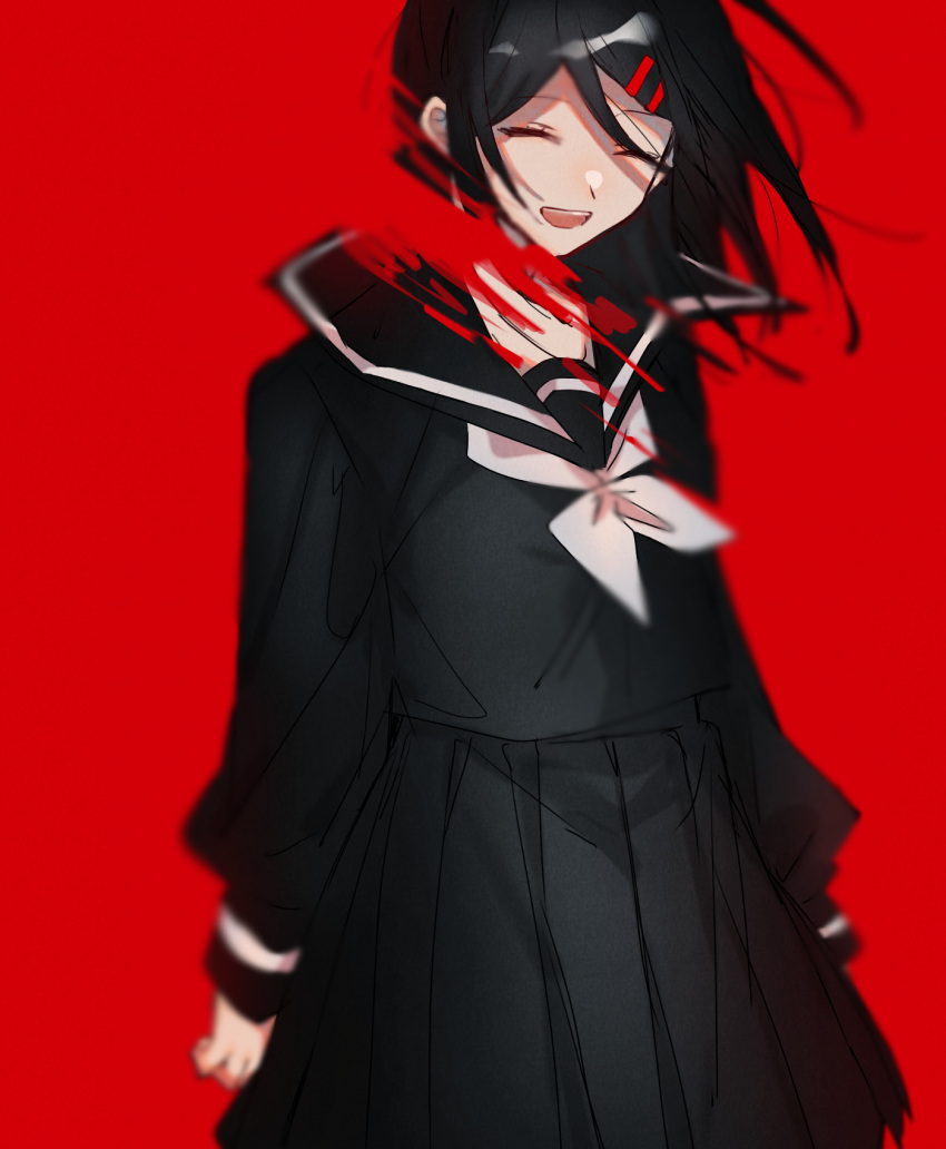 1girl ambiguous_red_liquid arms_at_sides bangs black_hair black_sailor_collar black_serafuku black_skirt blurry closed_eyes collarbone commentary_request depth_of_field floating_hair hair_ornament hairclip highres kagerou_project long_bangs long_hair long_sleeves mekakucity_actors muuta04 no_scarf open_mouth pleated_skirt red_background sailor_collar sailor_collar_lift school_uniform serafuku simple_background skirt sleeve_cuffs smile solo tateyama_ayano teeth upper_teeth_only