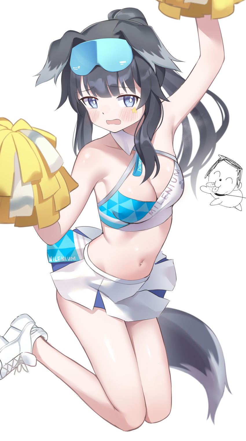 absurdres animal_ears arona's_sensei_doodle_(blue_archive) bare_shoulders bbk_(bbkbebek7) black_hair blue_archive blue_eyes blush breasts bright_pupils cheerleader chibi cleavage crop_top dog_ears dog_girl dog_tail eyewear_on_head goggles goggles_on_head hibiki_(blue_archive) hibiki_(cheerleader)_(blue_archive) highres holding holding_pom_poms leash long_hair medium_breasts navel official_alternate_costume open_mouth pom_pom_(cheerleading) ponytail sensei_(blue_archive) shoes sidelocks skirt sneakers star_sticker sticker_on_face tail tongue tongue_out white_footwear white_pupils white_skirt