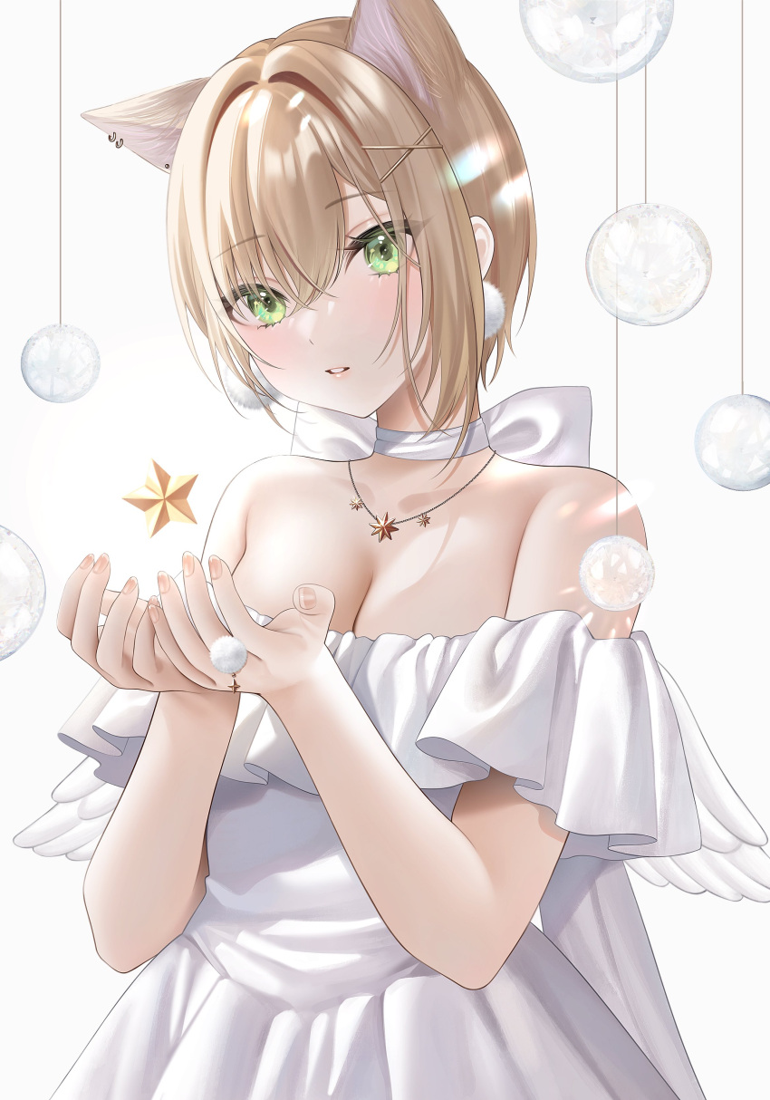1girl absurdres angel_wings animal_ears bangs bare_shoulders bauble blonde_hair blush breasts cat_ears choker cleavage crossed_bangs cupping_hands dangling dress earrings english_commentary expressionless feathered_wings floating frilled_dress frills green_eyes hair_between_eyes hair_intakes hair_ornament hair_over_eyes hairclip hands_up highres holding holding_star iris_black_games jewelry kurumi_noah looking_at_viewer medium_breasts necklace off-shoulder_dress off_shoulder own_hands_together parted_lips pleated_dress pomelunch refraction ribbon ring short_hair simple_background solo star_(symbol) star_necklace virtual_youtuber vspo! white_background white_dress white_ribbon wings x_hair_ornament