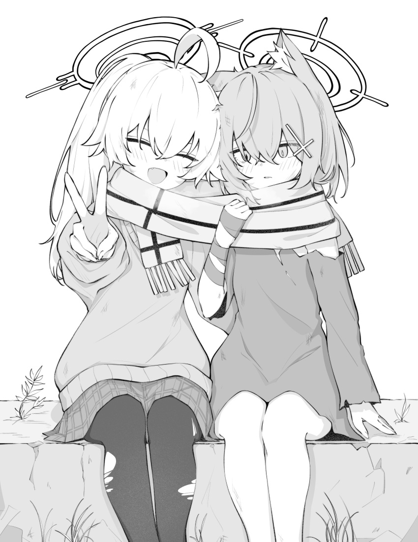 2girls absurdres aged_down ahoge alternate_hairstyle animal_ears blue_archive dog_ears halo highres hoshino_(blue_archive) lpleader monochrome multiple_girls ponytail scarf shared_clothes shared_scarf shiroko_(blue_archive) sitting skirt sweater torn_clothes v