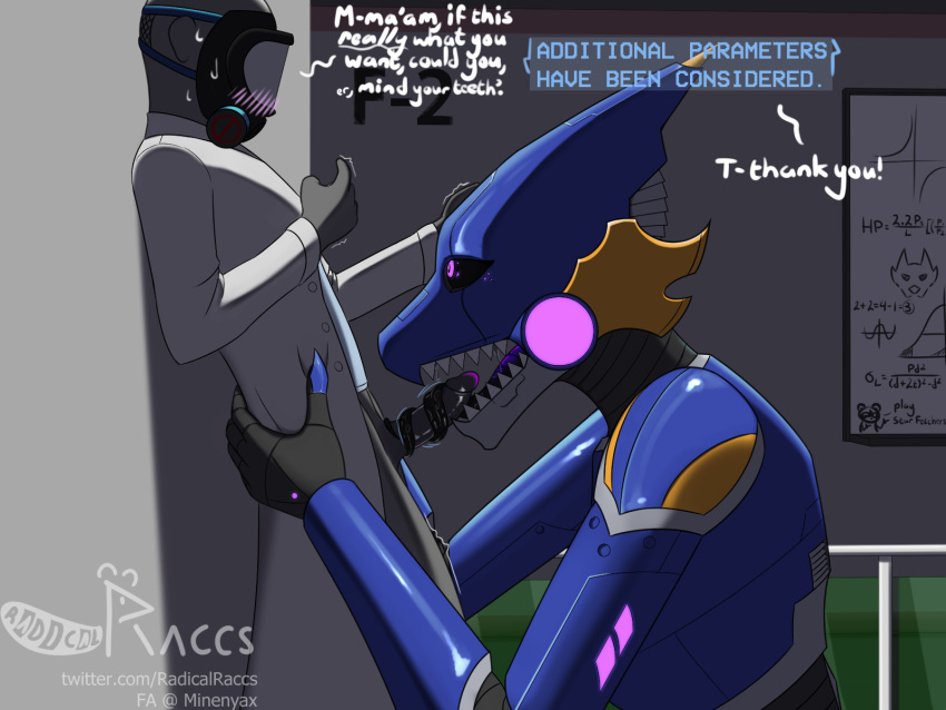 4:3 anthro asuri_(brawlhalla) big_dom_small_sub blue_body blush brawlhalla clothed clothing coat dialogue dominant dominant_female duo english_text faceless_character faceless_male felid feline female gas_mask genital_danger_play glowing glowing_eyes grey_body hi_res holding_partner human lab_coat long_tongue machine male male/female mammal mask motion_lines partially_clothed questionable_consent robot sharp_teeth size_difference solidsyfi story story_in_description teeth text tongue topwear