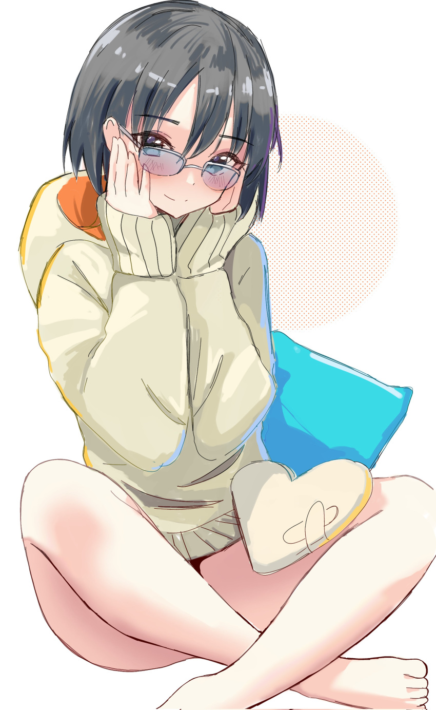 1girl absurdres bangs bare_legs barefoot black_eyes black_hair blush closed_mouth english_commentary glasses hair_between_eyes hakamichi_shizune hands_on_own_cheeks hands_on_own_face heart heart_pillow highres hood hooded_sweater hoodie katawa_shoujo long_sleeves looking_at_viewer maikurorensu over-rim_eyewear pillow semi-rimless_eyewear short_hair sitting sleeves_past_wrists smile solo sweater tan_sweater thighs white_background