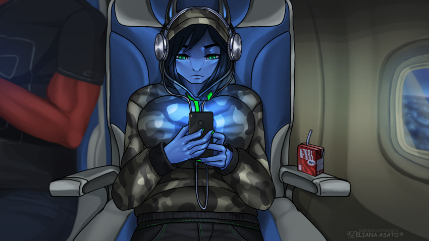 aircraft airplane anthro bangs beverage blue_body blue_hair blue_scales blue_skin bottomwear breasts clothed clothed_breasts clothing colored_nails coman detailed_background digital_media_(artwork) dragon duo eliana-asato ena_(eliana) female food green_eyes green_nails hair headgear headphones holding_object hood hoodie horn listening_to_music male muscular nails phone red_body red_scales scales scalie shirt sitting solo_focus straight_horn t-shirt topwear