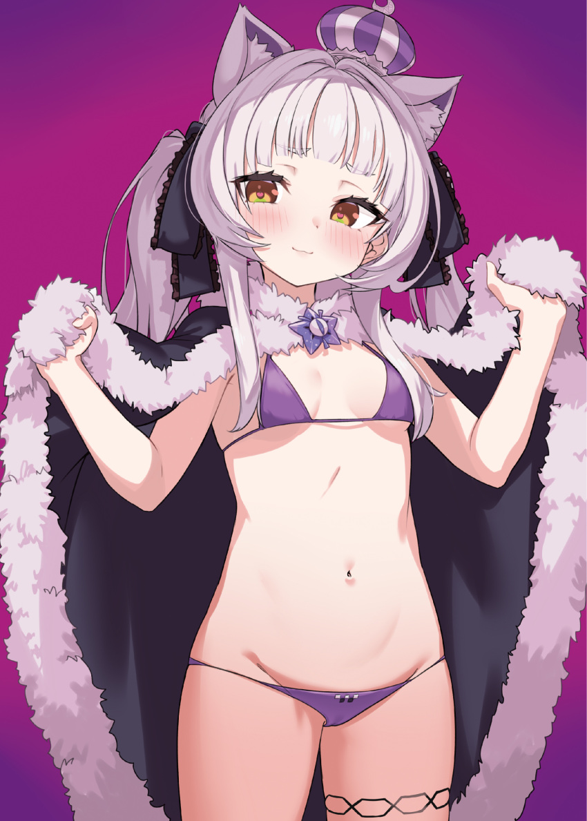 :3 absurdres animal_ears bangs bikini blunt_bangs blush breasts brown_eyes cape cat_ears crown fur-trimmed_cape fur_trim grey_hair highres hip_bones hololive ivan_wang long_hair looking_at_viewer murasaki_shion navel purple_bikini short_eyebrows sidelocks small_breasts smile swimsuit thick_eyebrows thigh_strap twintails virtual_youtuber