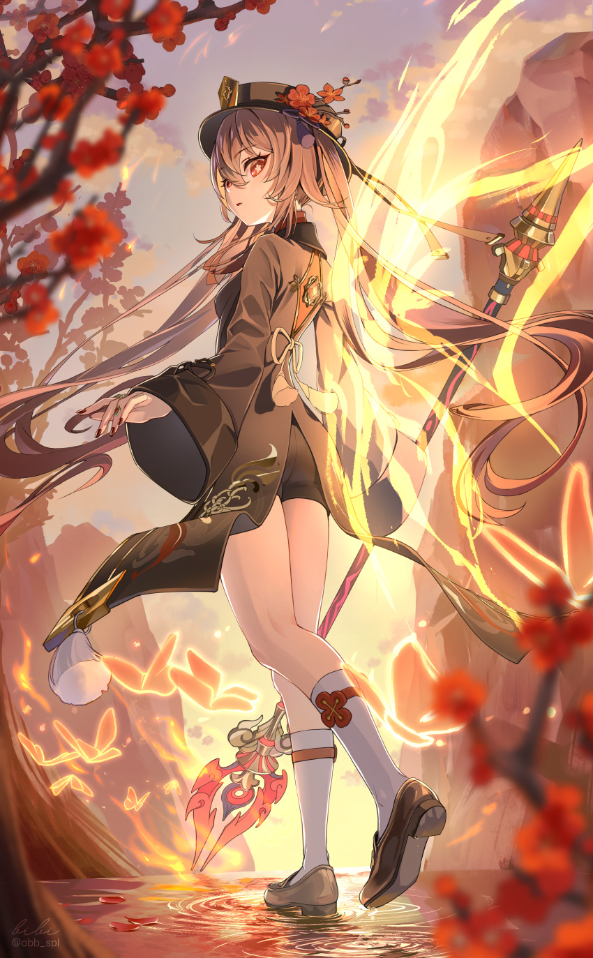 1girl absurdres bibi_(obb_spl) black_footwear black_headwear black_nails black_shorts blurry breasts brown_coat coat coattails depth_of_field fire floating_hair flower-shaped_pupils full_body genshin_impact hair_between_eyes hat highres holding holding_weapon hu_tao_(genshin_impact) legs loafers long_hair long_sleeves looking_at_viewer nail_polish outdoors parted_lips porkpie_hat red_eyes ripples shallow_water shoes short_shorts shorts small_breasts socks solo staff_of_homa_(genshin_impact) standing standing_on_liquid standing_on_one_leg symbol-shaped_pupils thighs twintails very_long_hair water weapon white_socks wide_sleeves