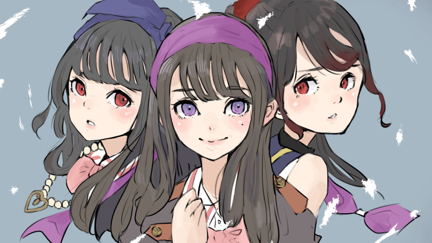 3girls assault_lily bangs bare_shoulders black_hair blue_bow blue_hairband blue_sailor_collar blush bow bow_hairband bowtie brown_hair brown_jacket closed_mouth collared_shirt commentary_request cropped_torso gradient_hair grey_background hair_bow hair_ribbon hairband hand_up heart_pendant highres jacket jewelry kishimoto_maria_mirai kuroki_francisca_yuria long_hair looking_at_another looking_to_the_side ludvico_private_girls'_academy_school_uniform mole mole_under_eye multicolored_hair multiple_girls nagasawa_yuki_(assault_lily) neckerchief necklace odaiba_girls_high_school_uniform parted_lips pearl_necklace pendant pink_bow pink_bowtie ponytail portrait purple_eyes purple_hairband purple_neckerchief purple_ribbon red_eyes red_hair ribbon sailor_collar sally_(allogkk) school_uniform shirt sidelocks sideways_glance sleeveless sleeveless_shirt smile two-tone_hair white_shirt