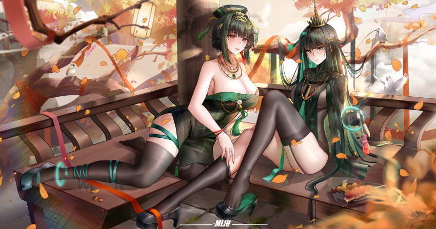 2girls absurdres bangs black_footwear black_hair black_thighhighs breasts china_dress chinese_clothes cleavage crown dress elbow_gloves gloves green_eyes green_hair hair_ornament highres jewelry long_hair looking_at_viewer multicolored_hair multiple_girls punishing:_gray_raven qu_(punishing:_gray_raven) red_eyes shoe_dangle sitting smll233 soles thighhighs