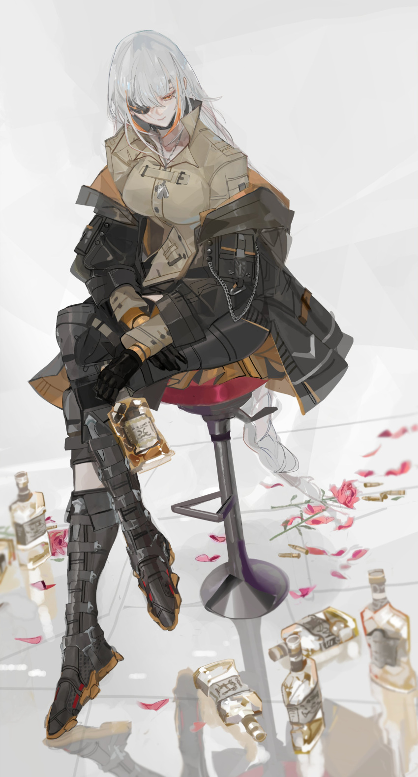 1girl absurdres alcohol beer_bottle black_gloves boots braid braided_ponytail crossed_legs dog_tags eyepatch flower full_body girls'_frontline gloves highres jacket jewelry liquor long_hair m16a1_(boss)_(girls'_frontline) m16a1_(girls'_frontline) multicolored_hair necklace nslacka off_shoulder on_stool open_clothes open_jacket petals scar scar_across_eye scar_on_face sitting solo stool streaked_hair white_hair