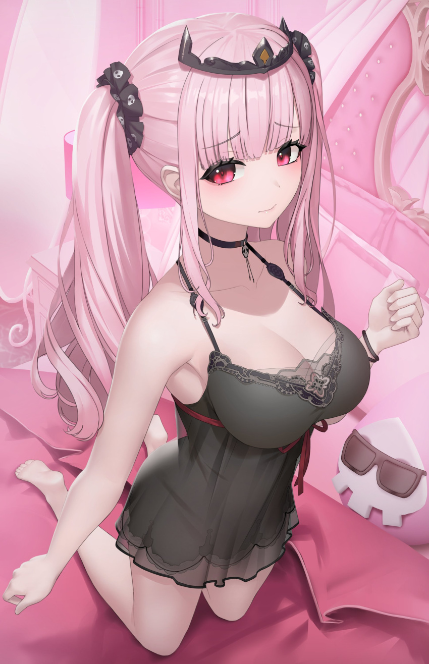 1girl absurdres armpits bangs bare_arms bare_legs bare_shoulders barefoot bed black_choker blush breasts choker cleavage death-sensei_(mori_calliope) feet highres hololive hololive_english large_breasts lingerie long_hair looking_at_viewer mori_calliope nightgown official_alternate_hairstyle pillow pink_eyes pink_hair sleepwear soles solo sunkilow tiara toes underwear virtual_youtuber white_nightgown