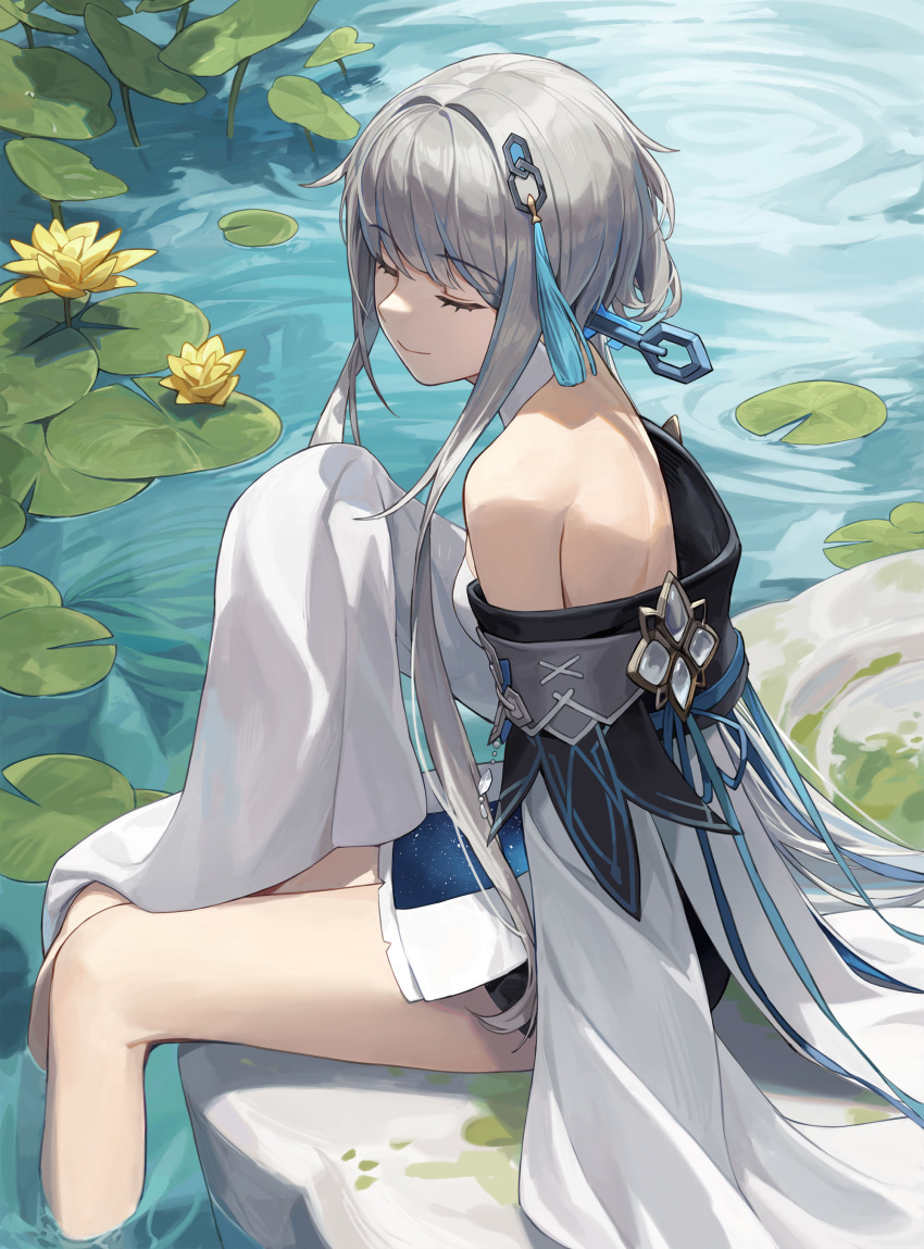 1girl absurdres bare_legs bare_shoulders closed_eyes closed_mouth cotta_(heleif) day dress flower from_side genshin_impact grey_hair guizhong_(genshin_impact) hair_intakes hair_ornament highres lily_pad off-shoulder_dress off_shoulder outdoors short_hair_with_long_locks sitting sleeves_past_fingers sleeves_past_wrists smile soaking_feet solo tassel tassel_hair_ornament thighs water water_lily_flower white_dress yellow_flower