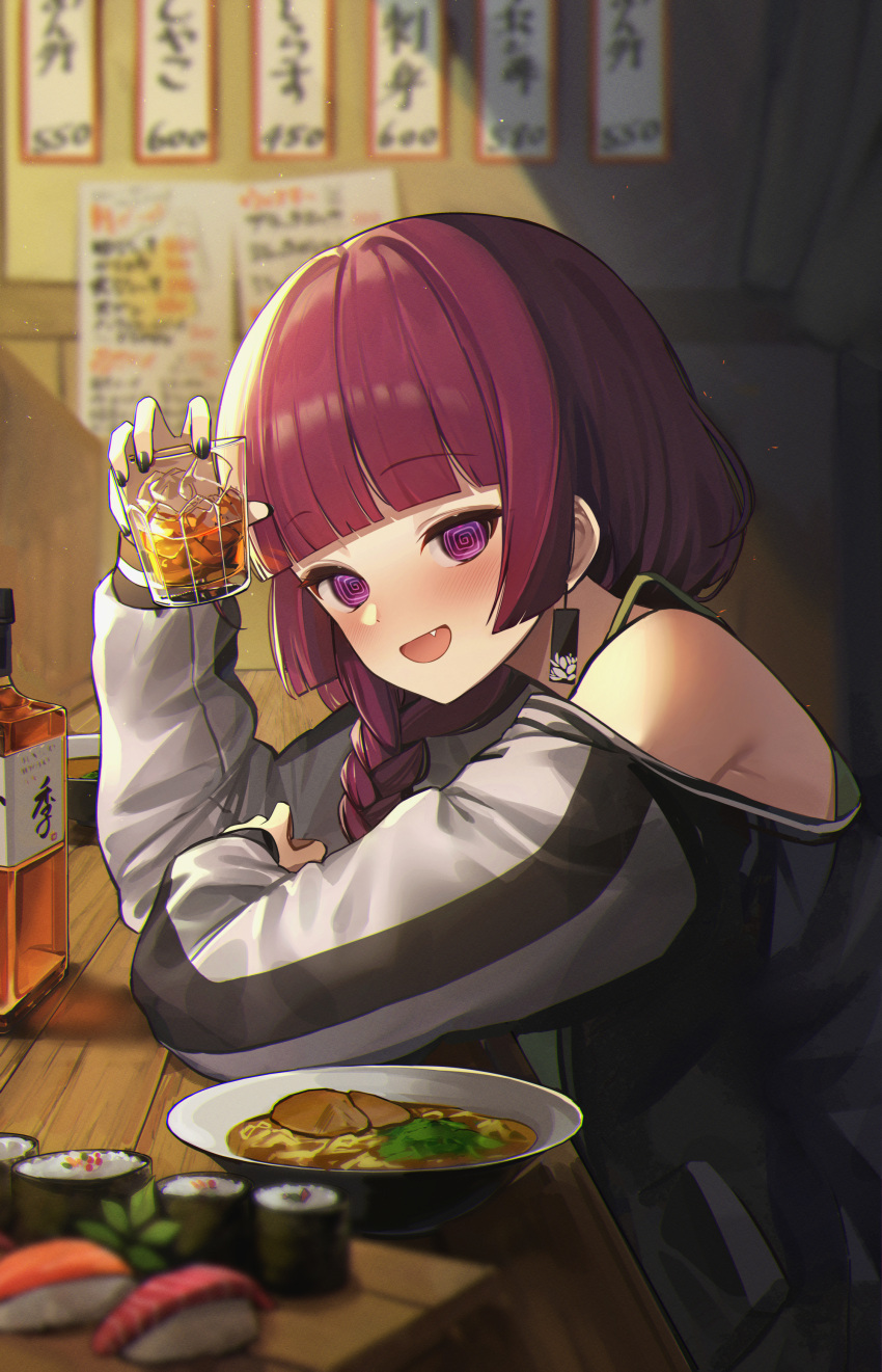 1girl @_@ absurdres alcohol animal_ears black_jacket black_nails blurry blurry_background blurry_foreground blush bocchi_the_rock! bottle bowl braid braided_ponytail commentary cup cutting_board drinking_glass fang food highres hiroi_kikuri holding holding_cup ice jacket long_hair long_sleeves looking_at_viewer looking_to_the_side lunia makizushi nigirizushi noodles off_shoulder open_mouth purple_eyes purple_hair ramen sidelocks sitting smile solo sushi upper_body