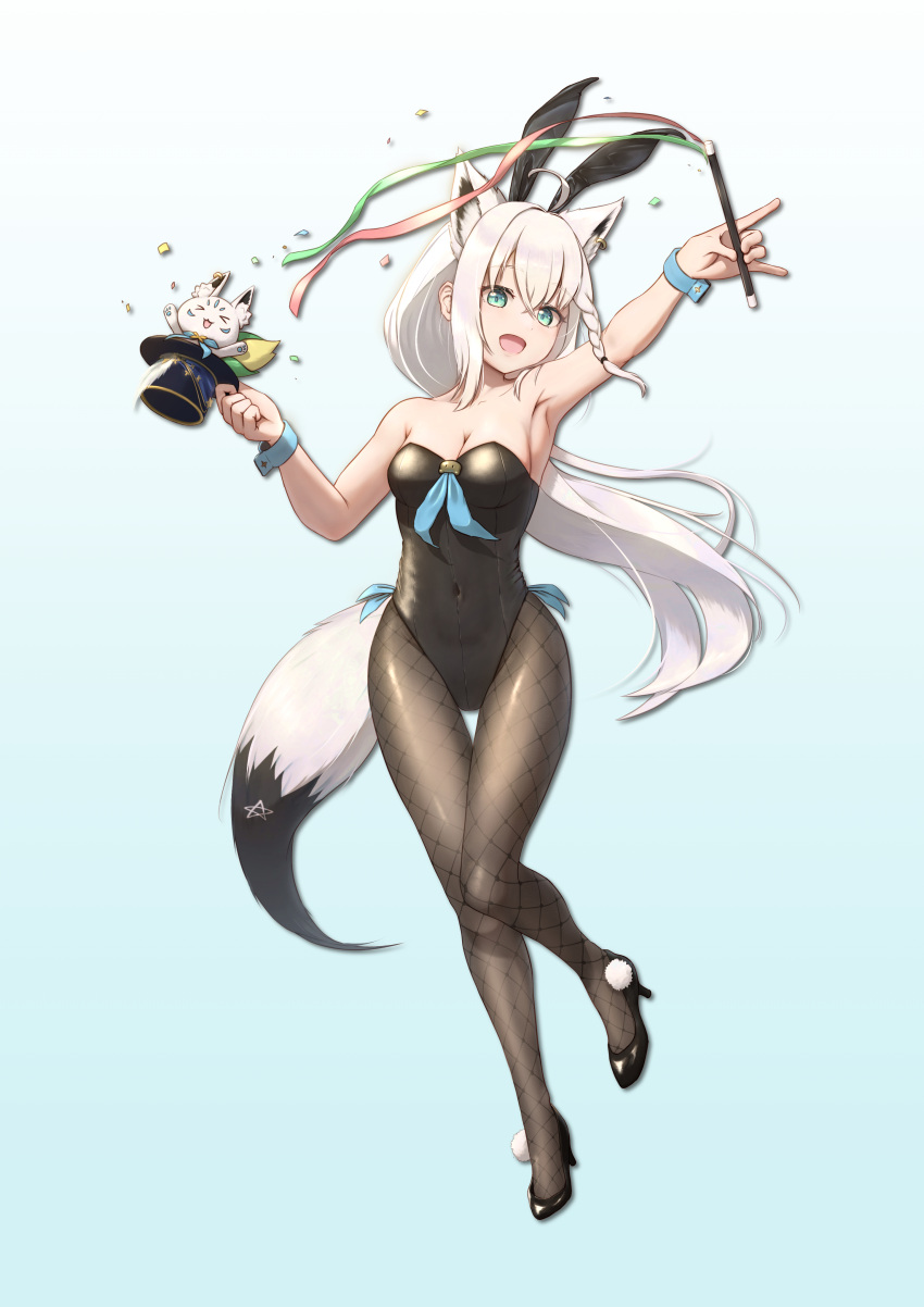 1girl absurdres ahoge animal_ear_fluff animal_ears armpits bangs black_footwear black_leotard black_pantyhose blue_background braid breasts cleavage commentary_request confetti earrings extra_ears fake_animal_ears fox_ears fox_girl fox_shadow_puppet fox_tail green_eyes hair_between_eyes hat high_heels highres holding holding_clothes holding_hat hololive jewelry leotard lerk_puzz long_hair looking_at_viewer medium_breasts mini_hat pantyhose playboy_bunny rabbit_ears shirakami_fubuki sidelocks simple_background single_braid sukonbu_(shirakami_fubuki) tail virtual_youtuber white_hair wrist_cuffs