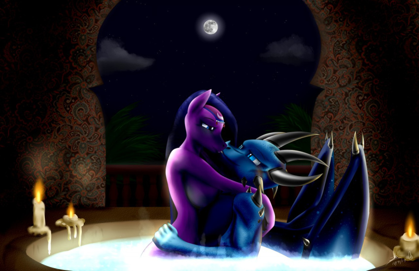 2019 amira_(mlp) anthro anthrofied bludraconoid blue_body blue_eyes blue_scales breasts candle candlestick canon_x_oc dated digital_media_(artwork) dragon duo embrace equid equine eye_contact female friendship_is_magic hair hasbro horse hot_tub kiss_on_lips kissing looking_at_another male male/female mammal moon multi-horn my_little_pony night partially_submerged purple_body purple_hair scales seraph_(kyogre) signature story story_in_description wings
