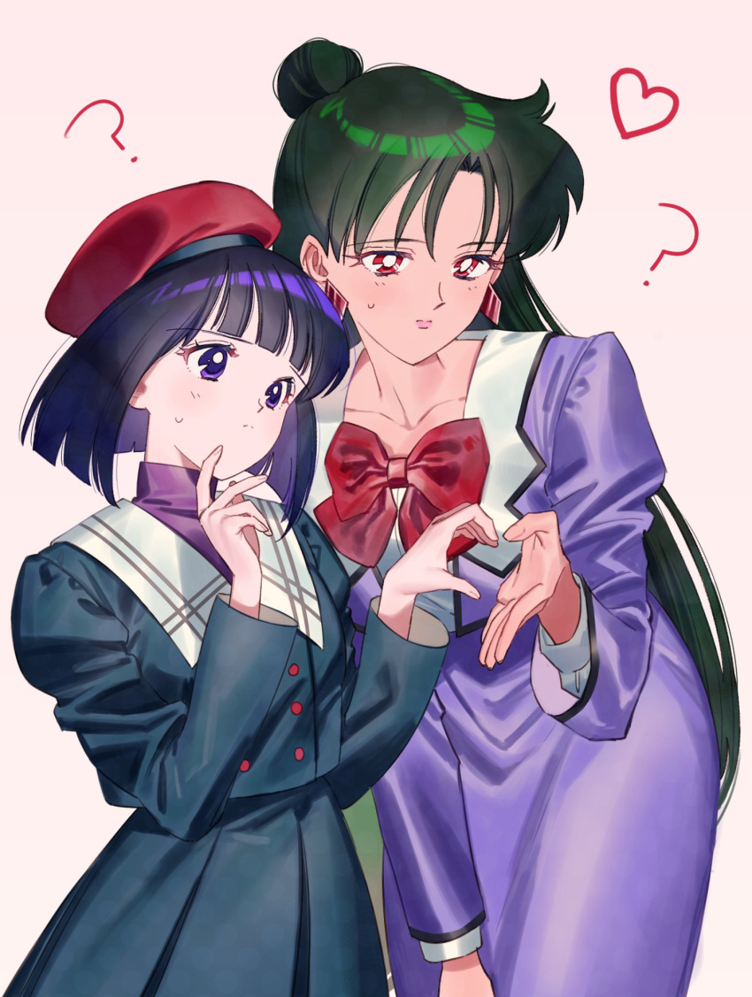 2girls ? bangs beret bishoujo_senshi_sailor_moon black_hair blunt_bangs blunt_ends bow bowtie buttons commentary confused dark-skinned_female dark_skin double-breasted earrings green_hair hair_bun hat heart heart_hands heart_hands_duo highres jewelry long_hair long_sleeves meiou_setsuna mugen_gakuen_school_uniform multiple_girls p_m_ame pencil_skirt purple_eyes purple_skirt red_bow red_bowtie red_eyes red_headwear school_uniform short_hair simple_background skirt sweatdrop symbol-only_commentary tomoe_hotaru very_long_hair