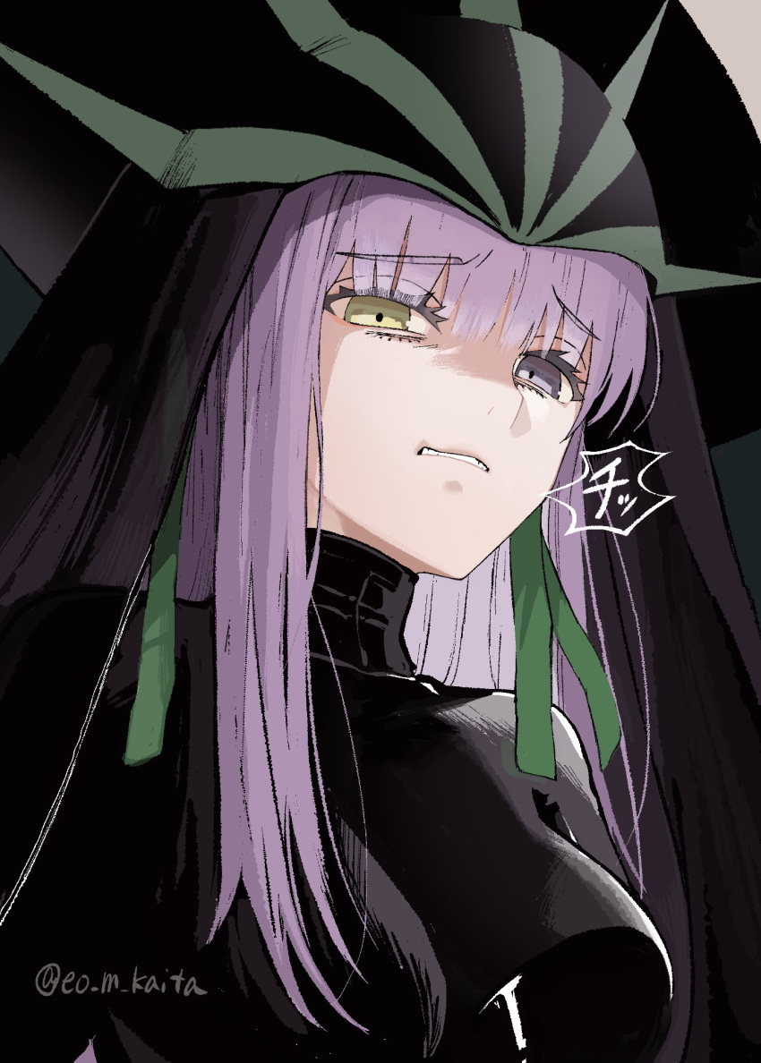 1girl black_bodysuit bodysuit breasts fate/grand_order fate_(series) headdress heterochromia highres kaita_(mokamilkcup) kingprotea_(fate) latex latex_bodysuit long_hair looking_down multicolored_eyes purple_eyes purple_hair smug solo veil very_long_hair xochitonal_(fate) yellow_eyes