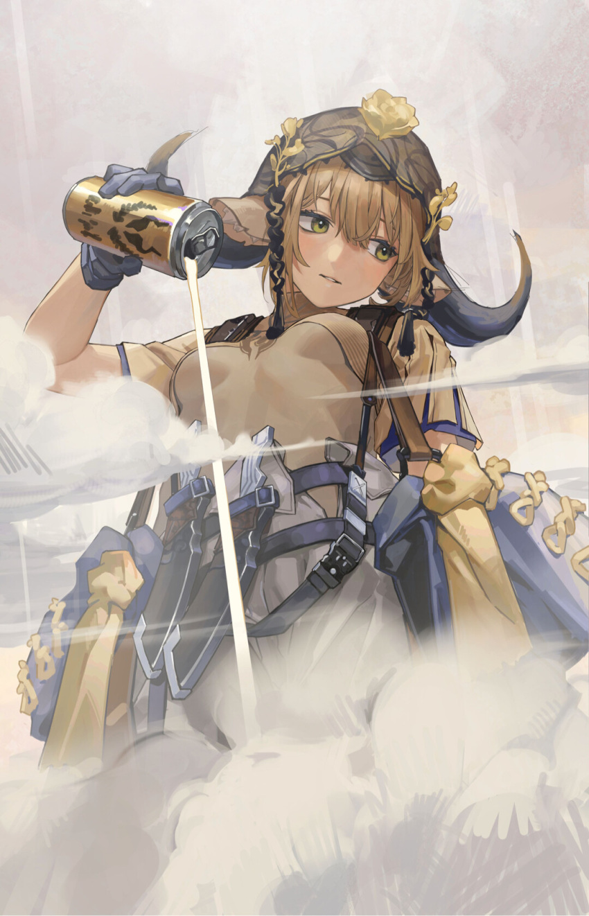 1girl animal_ears arknights bangs brown_hair brown_shirt can clothes_around_waist cloud cow_ears cow_girl cow_horns cowboy_shot flower flower_on_head green_eyes highres holding holding_can holstered_weapon horns jacket jacket_around_waist kirsen knife knife_holster layered_shirt looking_to_the_side medium_hair pallas_(a_drip_of_orea_and_potamous)_(arknights) pallas_(arknights) parted_lips shirt short_sleeves solo spilling