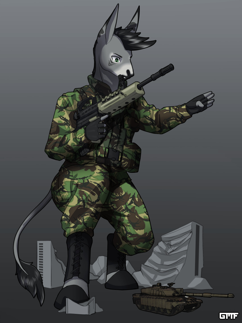 absurd_res anthro clothing equid equine gasmaskfox gun hi_res hybrid macro male mammal mark_hail military_uniform ranged_weapon solo tank uniform vehicle weapon zebroid zonkey