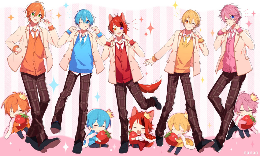 5boys :d ahoge animal_ears artist_name bangs black_footwear blazer blonde_hair blue_cape blue_eyes blue_hair blue_necktie blue_pants blue_sweater brown_footwear brown_pants buttons cape cardigan chibi closed_mouth collared_shirt colon_(stpri) commentary_request crown dog_boy dog_ears dog_tail dotted_line food fruit full_body fur-trimmed_cape fur_trim green_eyes hair_between_eyes hand_on_own_cheek hand_on_own_face hands_on_own_cheeks hands_on_own_face heterochromia highres holding holding_food holding_fruit index_finger_raised jacket jel_(stpri) lapels licking_lips long_bangs long_sleeves looking_at_viewer loose_necktie male_focus mini_crown multiple_boys necktie notched_lapels object_hug one_eye_closed open_clothes open_collar open_jacket open_mouth orange_cardigan orange_eyes orange_hair orange_necktie pants pink_background pink_cape pink_cardigan pink_necktie plaid plaid_pants pocket pointing pointing_at_self purple_cape purple_eyes ramio3_2 red_cape red_cardigan red_hair red_necktie root_(stpri) satomi_(stpri) shirt shoes short_hair smile standing standing_on_one_leg strawberry strawberry_prince striped striped_background striped_necktie sweater swept_bangs tail tongue tongue_out two-tone_cape unbuttoned vertical_stripes white_background white_cape white_shirt yellow_cape yellow_eyes yellow_jacket yellow_necktie yellow_sweater