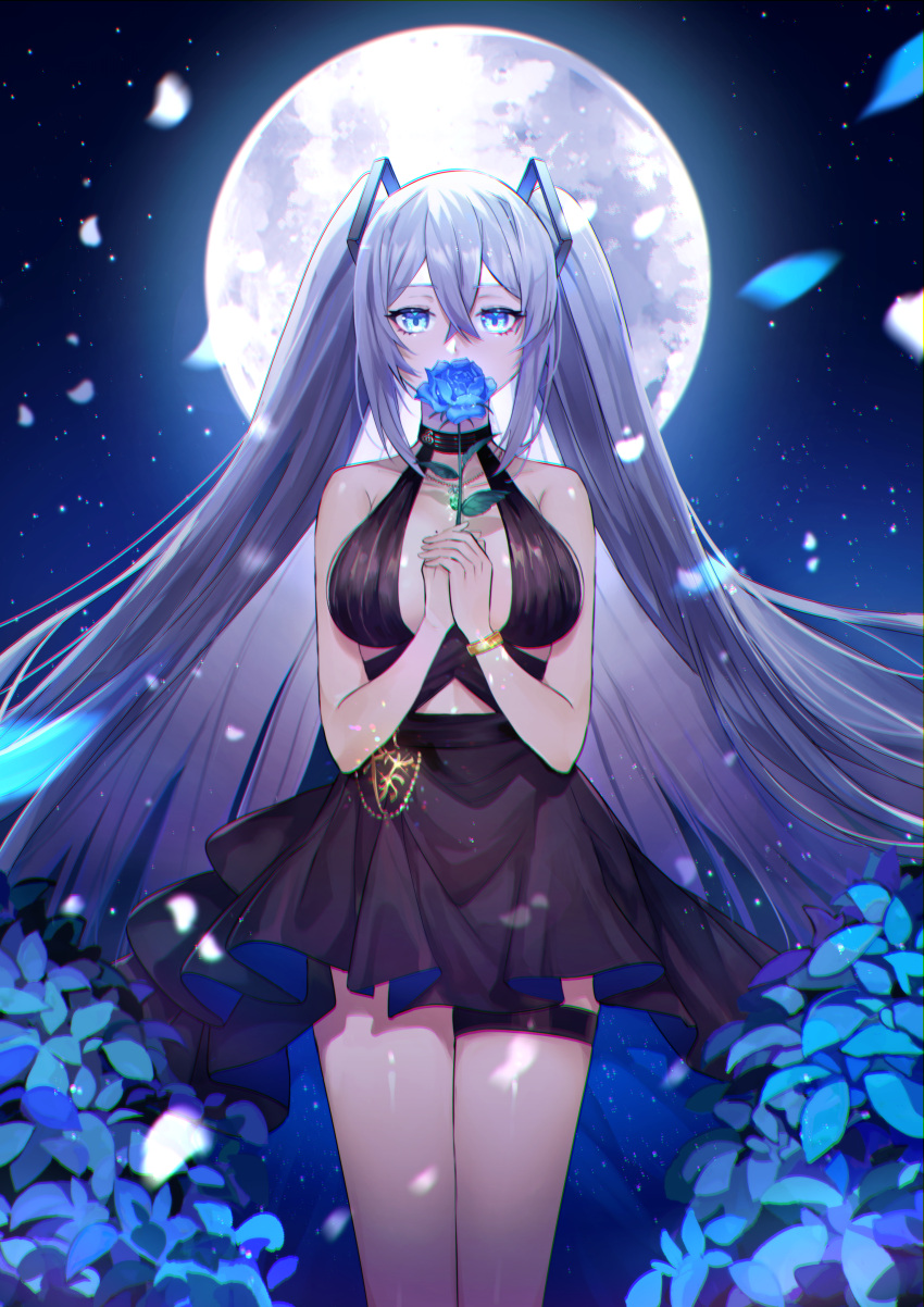 absurdres azur_lane bangs bare_shoulders black_dress blue_eyes blue_flower blue_rose blue_theme breasts cleavage commission commissioner_upload covering_mouth dress essex_(azur_lane) essex_(craft_fairytail)_(azur_lane) expressionless falling_petals flower full_moon grey_hair hair_ornament highres intrepid_(azur_lane) large_breasts long_hair looking_at_viewer md5_mismatch moon night night_sky petals resolution_mismatch rose sagta_panggang sky source_smaller straight-on thigh_strap thighs twintails wristband