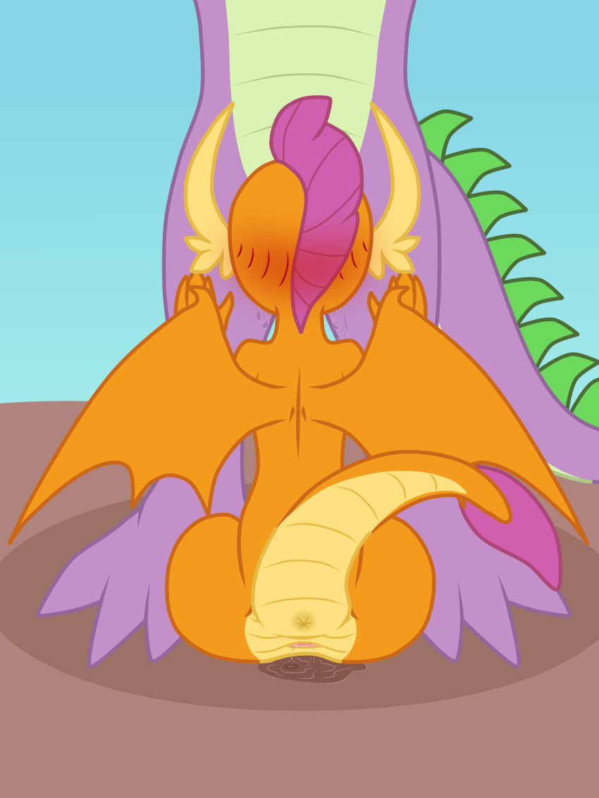 2020 3:4 absurd_res anthro anus blush butt digital_media_(artwork) dragon duo fellatio female friendship_is_magic genitals hasbro hi_res male male/female my_little_pony oral orange_body penile penis purple_body pussy rear_view sex simple_background smolder_(mlp) spike_(mlp) spread_wings tail theonewithoutaname wings