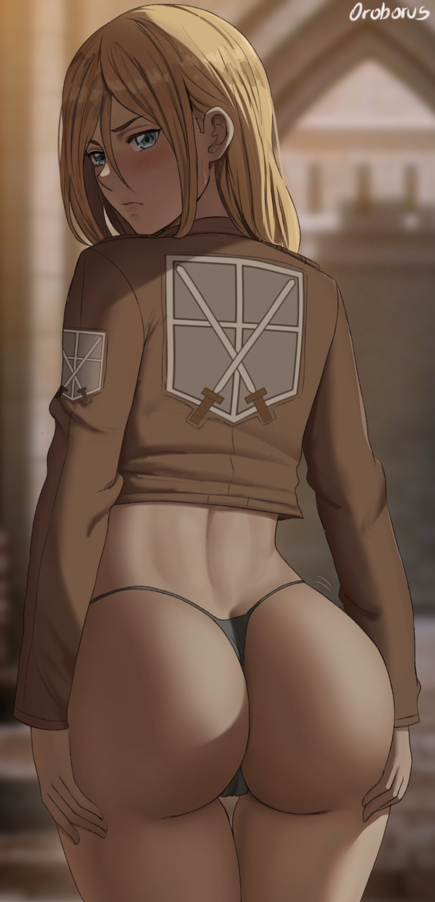 1girl artist_name ass bangs blonde_hair blue_eyes blurry blurry_background blush cameltoe christa_renz closed_mouth commentary cropped_jacket from_behind hands_on_own_ass highleg highleg_panties highres jacket lips long_hair looking_at_viewer looking_back oroborus outdoors panties paradis_military_uniform shingeki_no_kyojin signature simple_background sweat sweatdrop thighs training_corps_(emblem) underwear