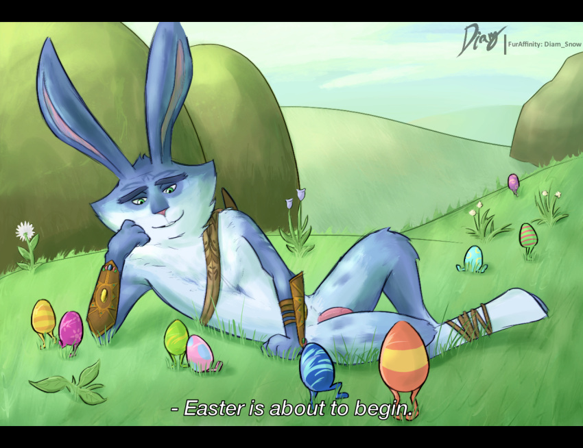 anthro diam_snow e._aster_bunnymund easter easter_bunny easter_egg holidays lagomorph leporid lying male mammal rabbit relaxed_expression rise_of_the_guardians showing_penis solo