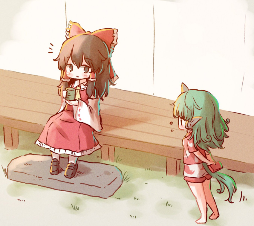 2girls arinu arms_behind_back ascot bare_shoulders barefoot bow box brown_eyes brown_footwear brown_hair cloud_print cup detached_sleeves gift gift_box green_hair hair_bow hair_tubes hakurei_reimu highres holding holding_cup holding_gift horns japanese_clothes kariyushi_shirt komano_aunn long_hair multiple_girls nontraditional_miko red_bow red_shirt red_skirt ribbon-trimmed_sleeves ribbon_trim shirt shoes short_sleeves shorts sidelocks single_horn sitting skirt tail touhou valentine veranda white_shorts wide_sleeves yellow_ascot