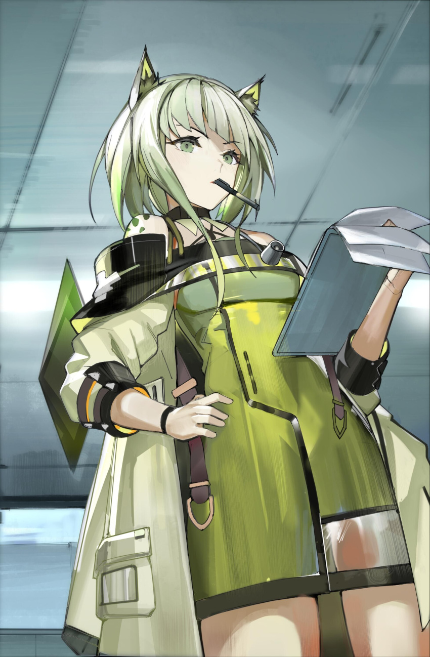 1girl absurdres aecec animal_ear_fluff animal_ears arknights bangs cat_ears cat_girl commentary_request cowboy_shot dress green_dress green_eyes green_jacket hand_on_hip highres holding holding_paper indoors jacket kal'tsit_(arknights) long_hair looking_at_viewer mouth_hold off-shoulder_dress off-shoulder_jacket off_shoulder open_clothes open_jacket oripathy_lesion_(arknights) painttool_sai_(medium) paper pen see-through sleeves_past_elbows solo stethoscope