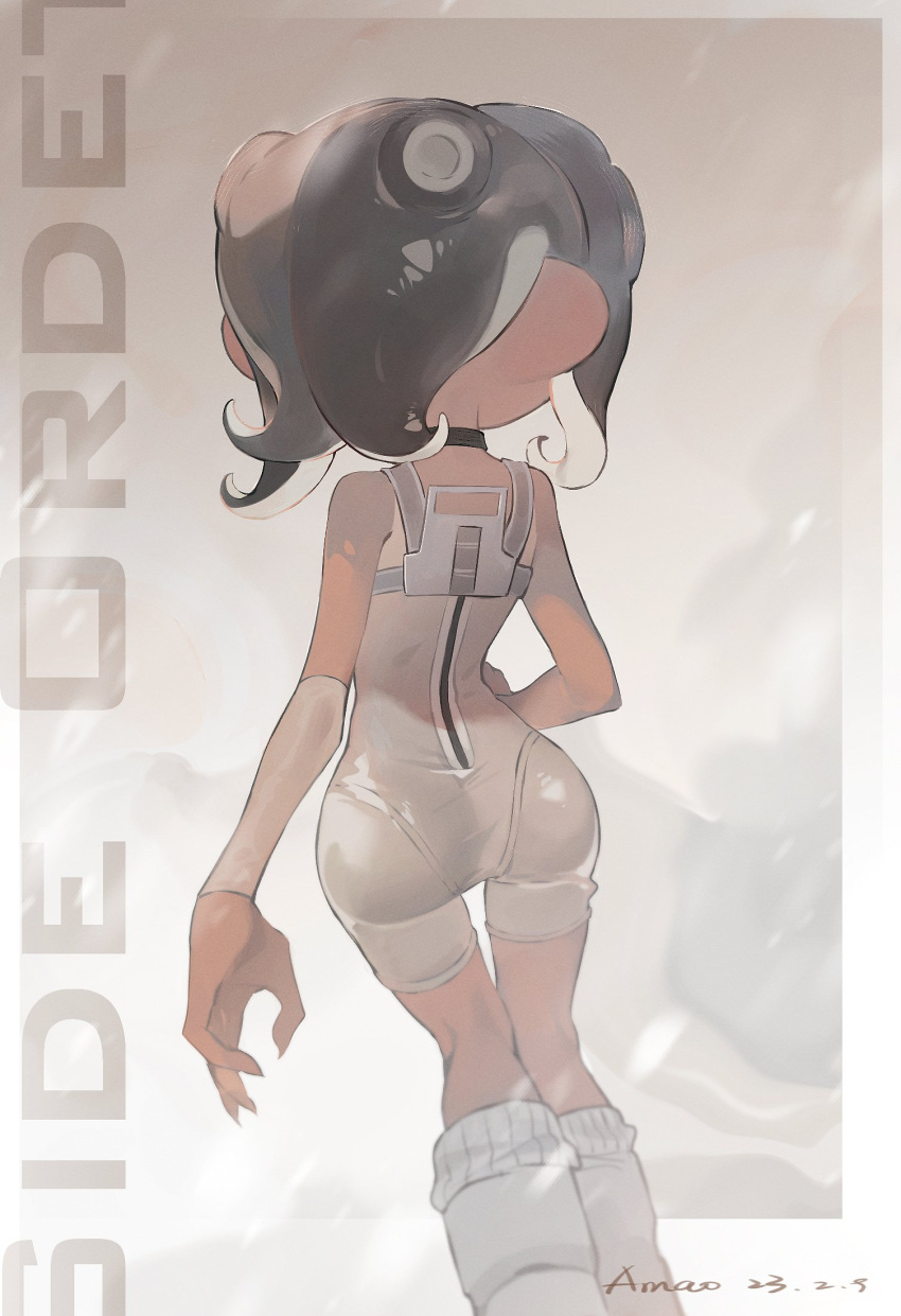 1girl 2023 amaodd221 arm_warmers artist_name ass bare_shoulders black_choker black_hair bodysuit choker copyright_name dated fingernails from_behind highres medium_hair octoling octoling_girl pantylines ribbed_socks sharp_fingernails single_arm_warmer single_bare_arm sleeveless sleeveless_bodysuit socks solo splatoon_(series) splatoon_3 splatoon_3:_side_order standing suction_cups tentacle_hair white_bodysuit white_footwear white_socks