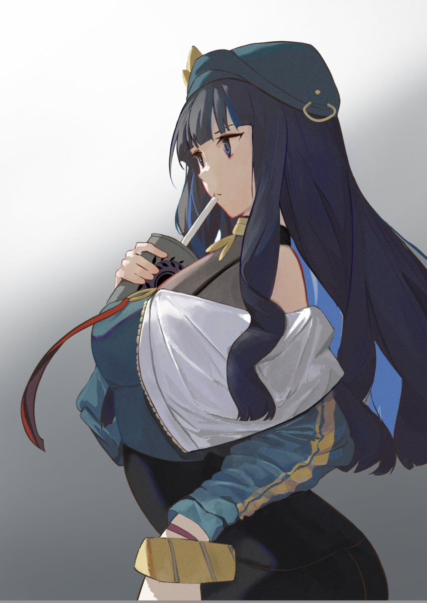 1girl amef bangs bare_shoulders beret black_hair black_shorts blue_hair bracelet breasts buttons colored_inner_hair cup double-breasted drinking drinking_straw fate/grand_order fate_(series) green_headwear green_jacket grey_eyes hat highres huitzilopochtli_(fate) jacket jewelry long_hair medium_breasts multicolored_hair neck_ring o-ring off_shoulder shorts sidelocks wavy_hair zipper