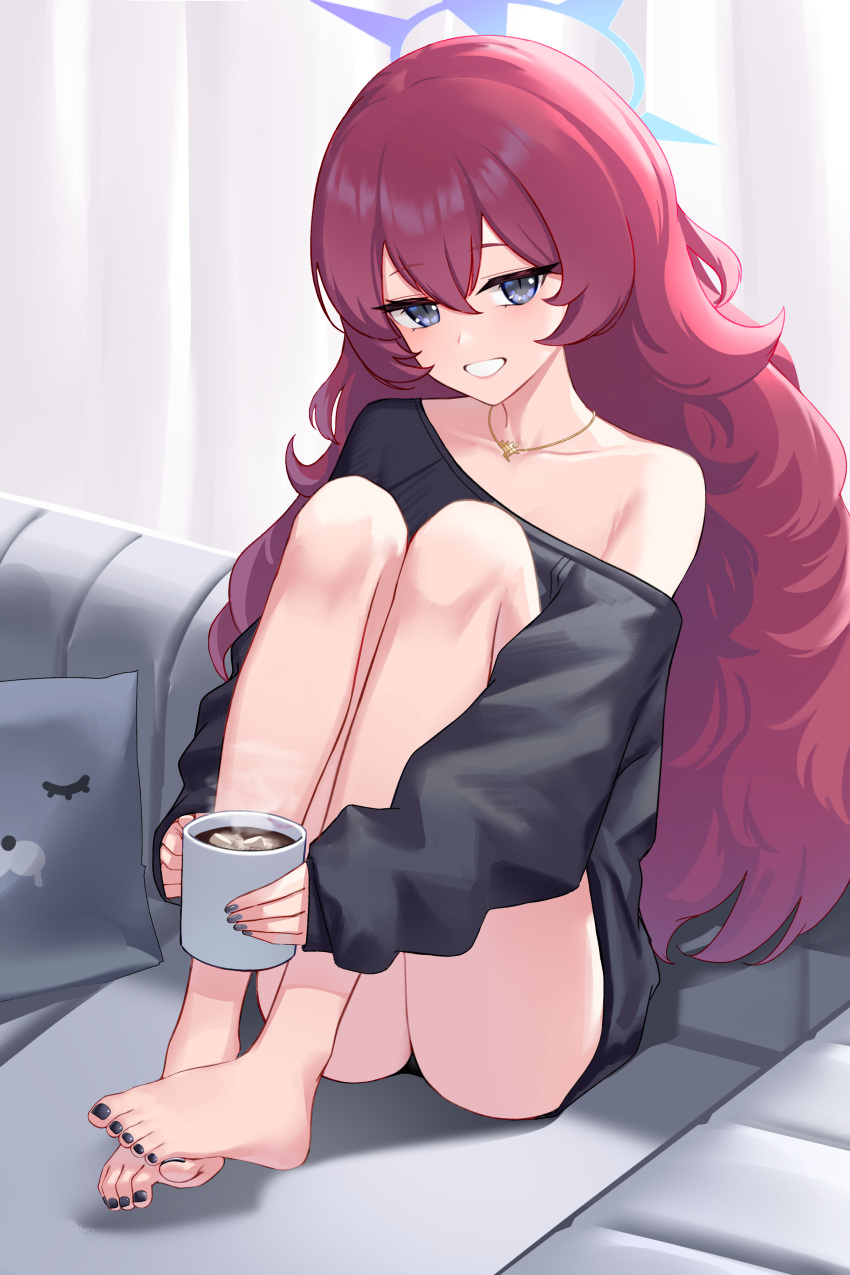 1girl absurdres alternate_costume armpit_crease ass baggy_clothes bangs bare_legs barefoot black_nails black_panties black_sweater blue_archive blue_eyes coffee_mug collarbone commentary couch cup curtains feet food gold_necklace grin hair_between_eyes halo head_tilt highres holding holding_cup hot_chocolate iroha_(blue_archive) jewelry jitome knees_up legs long_hair looking_at_viewer marshmallow mug nail_polish necklace off_shoulder on_couch panties panty_peek pillow red_hair sidelocks sitting sjuno slit_pupils smile solo spread_toes sweater teeth thighs toenail_polish toenails toes underwear very_long_hair wavy_hair