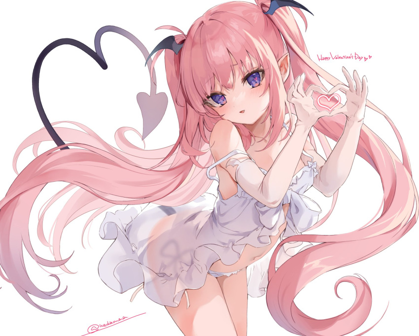 1girl bangs blue_eyes blush commentary demon_tail elbow_gloves english_text gloves head_wings heart heart-shaped_pupils heart_hands heart_tail highres kedama_milk leaning_forward lingerie long_hair open_mouth original panties pink_hair pointy_ears sakyumama_(kedama_milk) sidelocks simple_background smile solo standing symbol-shaped_pupils tail twintails twitter_username underwear very_long_hair white_background white_gloves white_negligee white_panties
