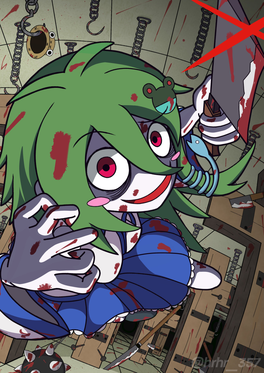 absurdres blood blood_on_clothes blood_on_face blood_on_weapon cleaver collared_shirt commentary commentary_request crazy crazy_eyes detached_sleeves frilled_skirt frills frog_hair_ornament green_hair hair_ornament highres hrhr_gin_357 japanese_clothes kochiya_sanae koishi_komeiji's_heart-throbbing_adventure long_skirt looking_at_viewer miko pyonta red_eyes shirt shoes single_hair_tube single_sidelock skirt sleeveless sleeveless_shirt smile snake_hair_ornament socks touhou weapon white_socks