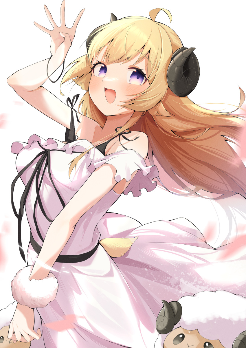 1girl :d absurdres ahoge alternate_costume animal_ears bare_shoulders black_dress blonde_hair blush bracelet commentary dress eat_some_cookie highres hololive horns jewelry long_hair looking_at_viewer open_mouth purple_eyes sheep sheep_ears sheep_girl sheep_horns sheep_tail simple_background sleeveless sleeveless_dress smile solo strap_slip tail tsunomaki_watame virtual_youtuber watamate white_background white_dress