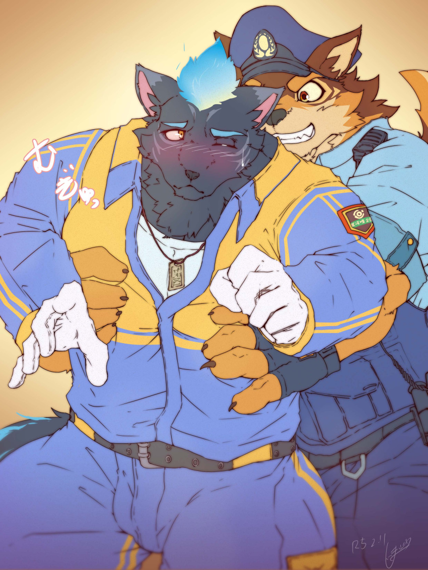 absurd_res anthro barrel_(live_a_hero) blush canid canine canis clothing duo embarrassed fire firefighter flaming_hair flaming_mane furlong_(live_a_hero) grin grope groping_from_behind hi_res hyena lifewonders live_a_hero male male/male mammal police_uniform pseudo_hair pseudo_mane shimazanbagu smile uniform wolf